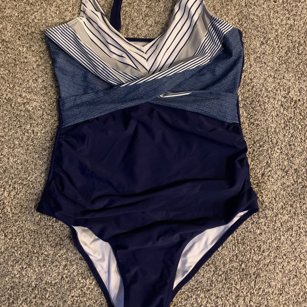 Navy/ gray/ white bathing suit